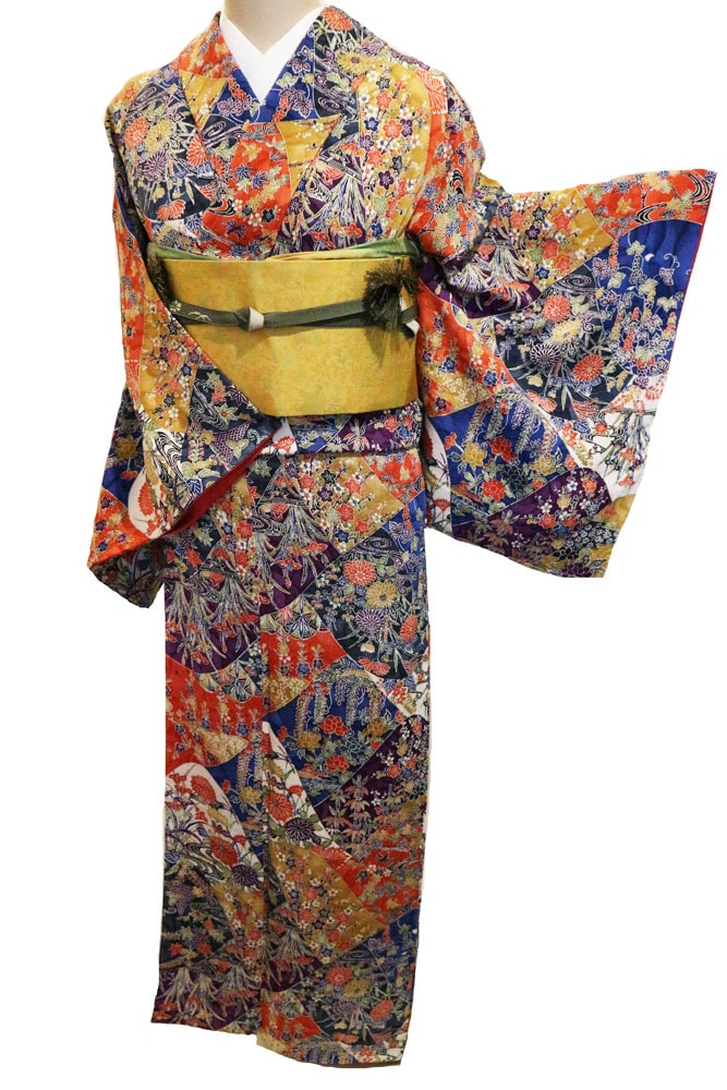 小紋 御所車 型染め 芝草に花 正絹 広衿 袷 着物 翼-391 着物・浴衣