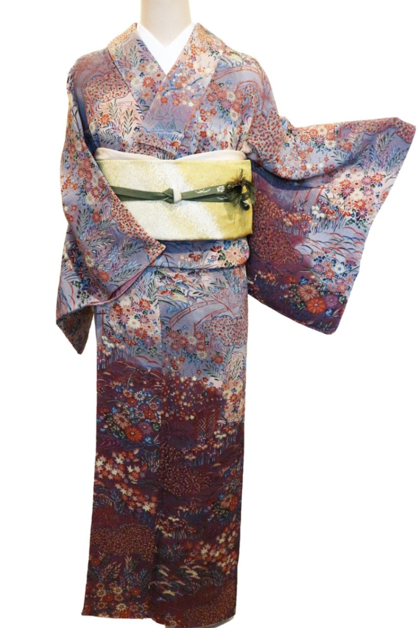 正絹 単衣 茶屋辻 クリーム色 花柄 貧しく 小紋 着物