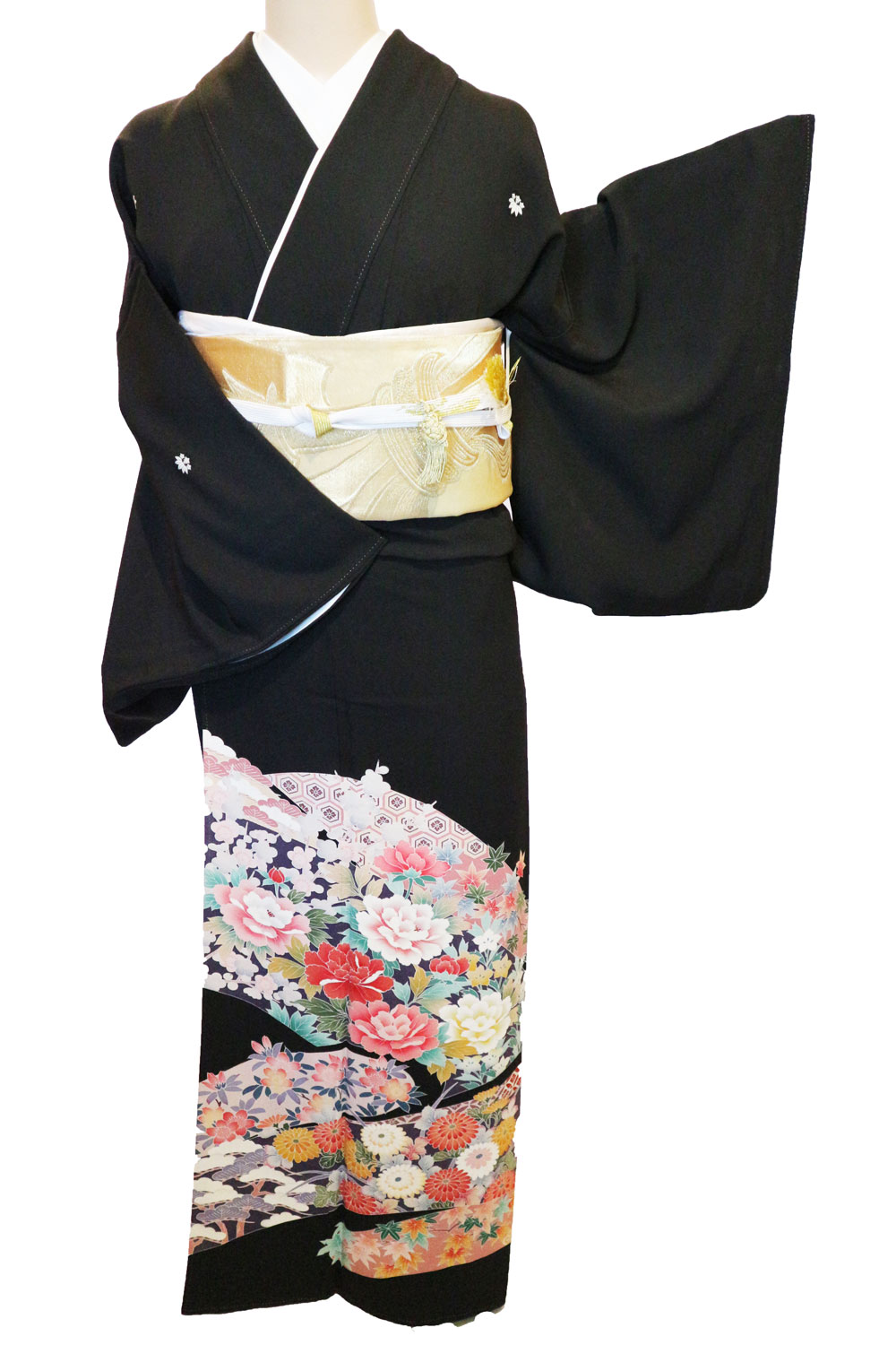 黒留袖＊袷着物 長尺 花束模様 黒 礼装着 正絹 結婚式や