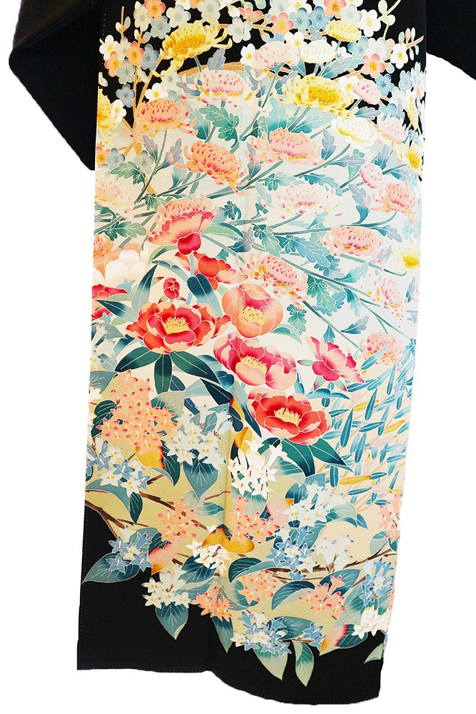 黒留袖　花籠　留袖リメイク　正絹　落款　四季折々の花 楽天市場】【レンタル】 黒留袖 mito_372 MR-2920 金彩花鬘帯 S