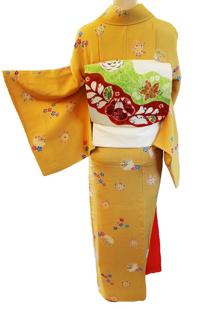 黄金糸 小紋 唐花文様 正絹 ガード加工済 X214