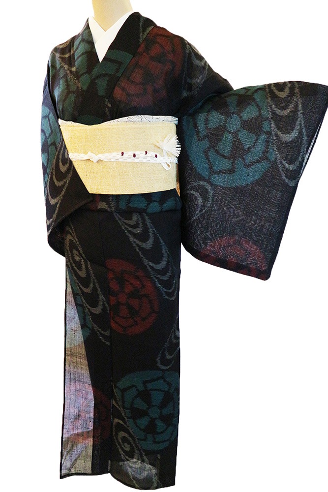 ♪IDnet即決♪ 縞に波車模様暈し男物長襦袢 男性用甚平 men\u0027s jinbei 2025：No.09「黒藍縞」｜京都きもの町