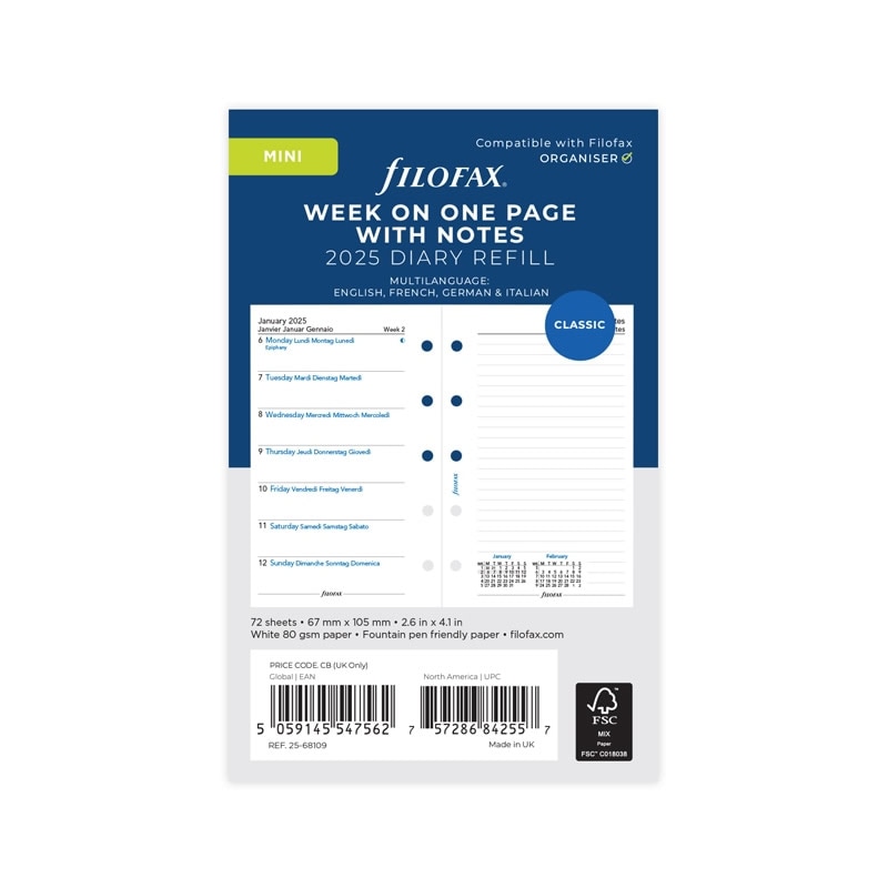 FILOFAX 2025年 システム手帳リフィル M5 見開き1週間&片面メモ 25