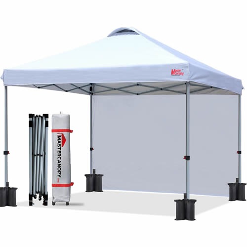 ワンタッチテント（Ｗ３ｍ×Ｄ３ｍ×Ｈ２.０６ｍ/１.９６ｍ/１.８５ｍ）　白色、サイドシート キャスターバッグ ペグ ロープ ウェイトバッグ付き