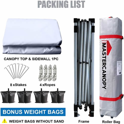 ワンタッチテント（Ｗ３ｍ×Ｄ３ｍ×Ｈ２.０６ｍ/１.９６ｍ/１.８５ｍ）　白色、サイドシート キャスターバッグ ペグ ロープ ウェイトバッグ付き