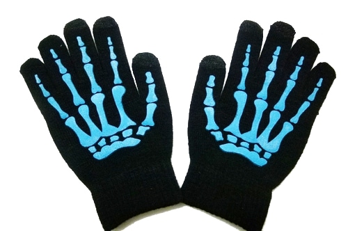 スマホ対応■キッズ＆レディース手袋【ホネ黒×水色】