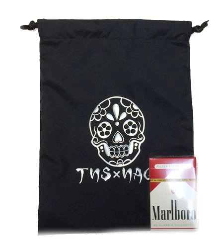 TNS×NAGIナイロン巾着Ｌ【黒×白プリントSugar Skull】