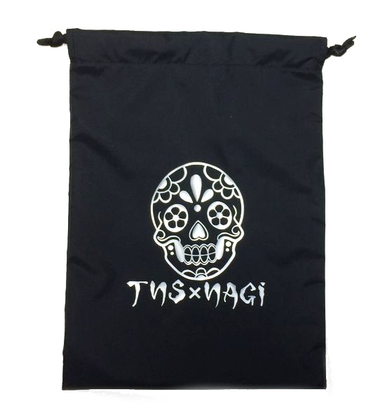 TNS×NAGIナイロン巾着Ｌ【黒×白プリントSugar Skull】