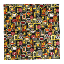 和柄バンダナ【レトロ食品ラベル柄】墨黒