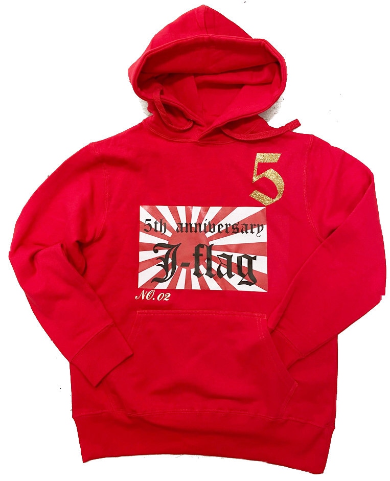 【愛国バーJ-flag】シリアルナンバー入り5周年パーカー【赤】