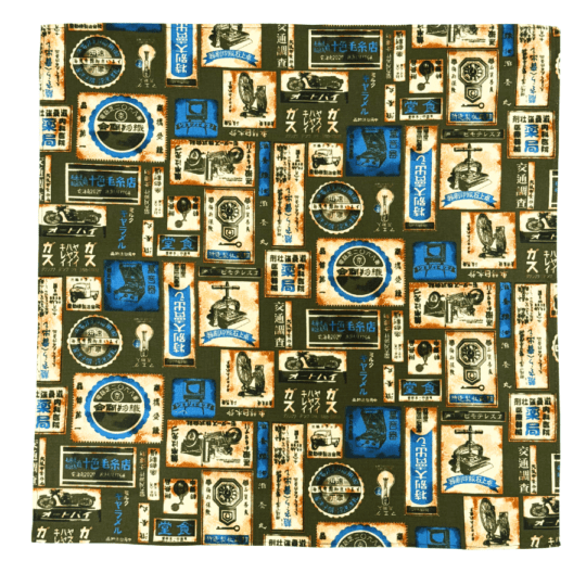 和柄バンダナ【レトロ看板-カーキ】