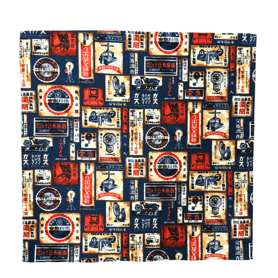 和柄バンダナ【レトロ看板-紺】