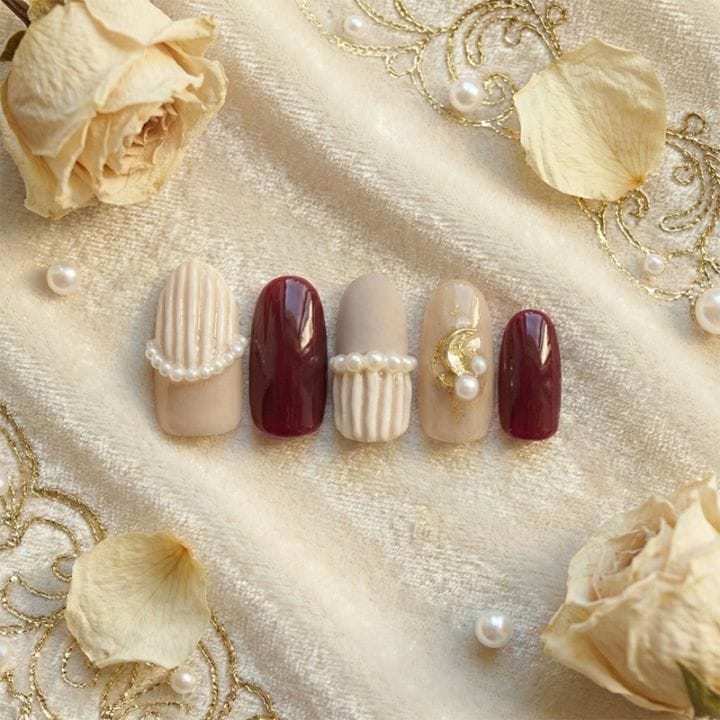 ネイルチップ【ボルドー×ベージュのパール ネイル 10本セット 両面テープ＆専用収納ケース付き】ネイル チップ 付け爪 つけ爪 ジェル オーバル スクエア ロング ショート シンプル 可愛い ゆうパケット送料無料 受注生産【チップ】