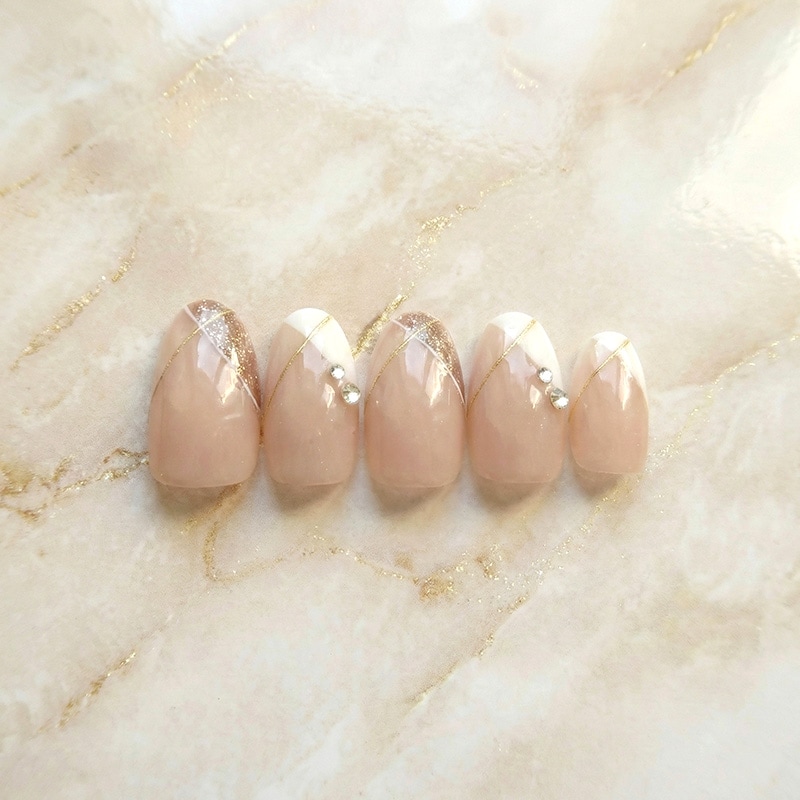 ネイルチップ【ライン×ヌーディーのルミナス ネイル 10本セット 両面テープ＆専用収納ケース付き】ネイル チップ 付け爪 つけ爪 ジェル オーバル スクエア ロング ショート シンプル 可愛い ゆうパケット送料無料 受注生産【チップ】