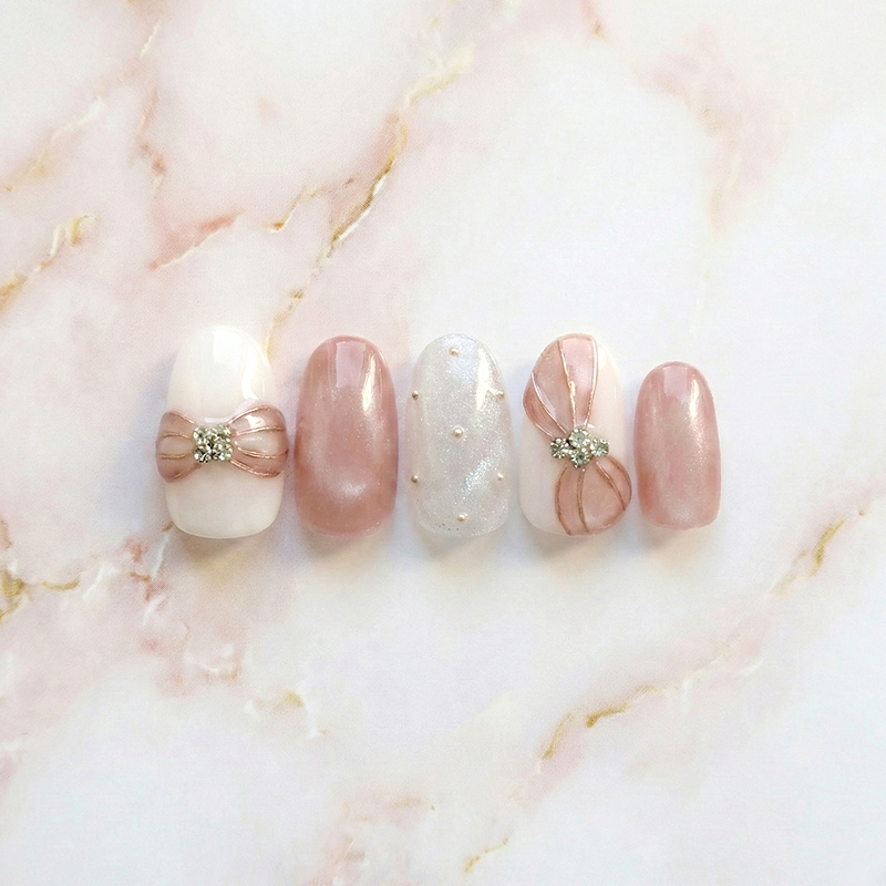 ネイルチップ【リボン×ローズピンクのレディ ネイル 10本セット 両面テープ＆専用収納ケース付き】ネイル チップ 付け爪 つけ爪 ジェル オーバル スクエア ロング ショート シンプル 可愛い ゆうパケット送料無料 受注生産【チップ】