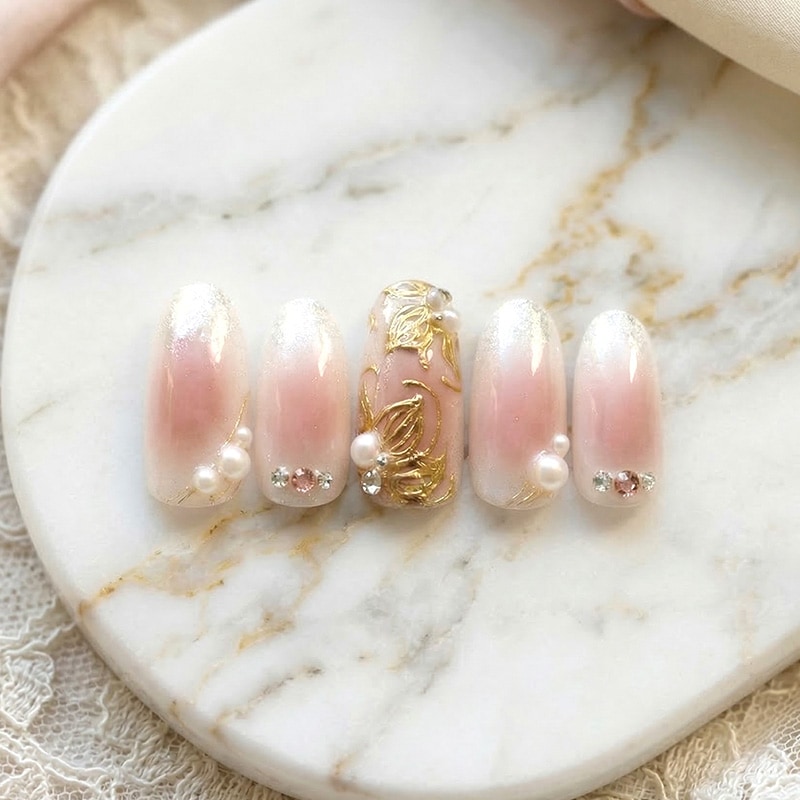 ネイルチップ【ふんわりチーク×アンティークゴールドフラワー ネイル 10本セット 両面テープ＆専用収納ケース付き】ネイル チップ 付け爪 つけ爪 ジェル オーバル スクエア ロング ショート シンプル 可愛い ゆうパケット送料無料 受注生産【チップ】