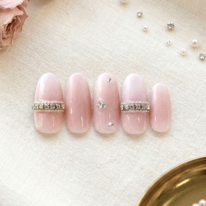 ネイルチップ【ピュアピンクのリングビジューネイル 10本セット 両面テープ＆専用収納ケース付き】ネイル チップ 付け爪 つけ爪 ジェル オーバル スクエア ロング ショート シンプル 可愛い ゆうパケット送料無料 受注生産【チップ】