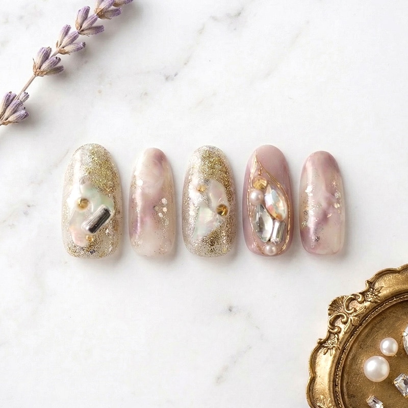 ネイルチップ【くすみモーヴの天然石風ニュアンスネイル 10本セット 両面テープ＆専用収納ケース付き】ネイル チップ 付け爪 つけ爪 ジェル オーバル スクエア ロング ショート シンプル 可愛い ゆうパケット送料無料 受注生産【チップ】