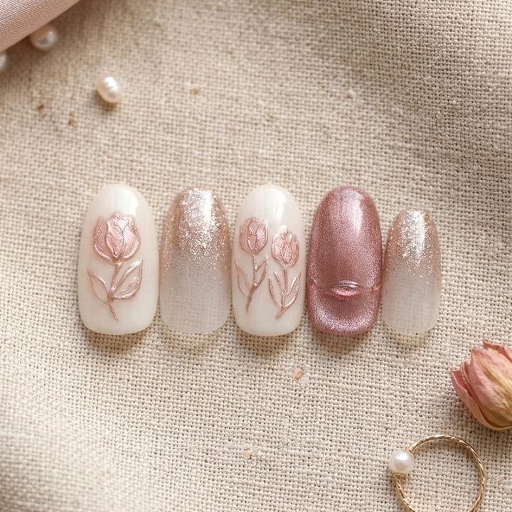 ネイルチップ【ローズゴールドのチューリップネイル 10本セット 両面テープ＆専用収納ケース付き】ネイル チップ 付け爪 つけ爪 ジェル オーバル スクエア ロング ショート シンプル 可愛い ゆうパケット送料無料 受注生産【チップ】