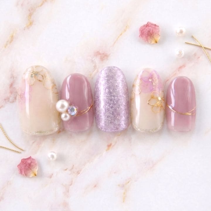 ネイルチップ【モーブピンク×ワイヤーフラワーネイル 10本セット 両面テープ&専用収納ケース付き】ネイル チップ 付け爪 つけ爪 ジェル オーバル スクエア ロング ショート シンプル 可愛い ゆうパケット送料無料 受注生産【チップ】