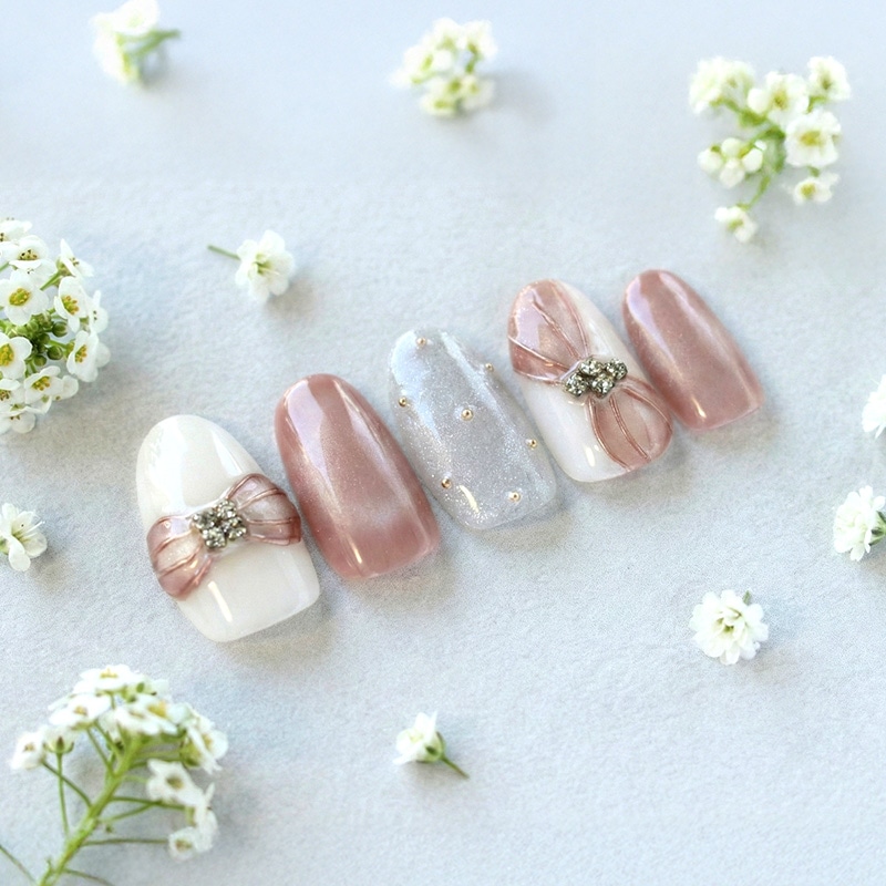 ネイルチップ【リボン×ローズピンクのレディ ネイル 10本セット 両面テープ＆専用収納ケース付き】ネイル チップ 付け爪 つけ爪 ジェル オーバル スクエア ロング ショート シンプル 可愛い ゆうパケット送料無料 受注生産【チップ】