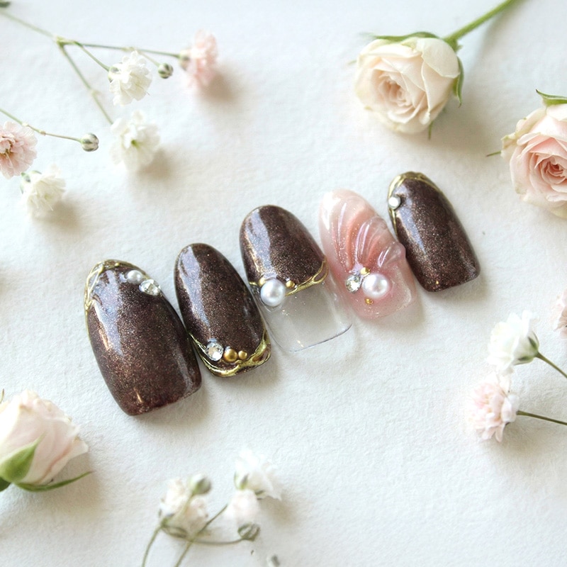ネイルチップ【パール×ショコラのノーブル ネイル 10本セット 両面テープ&専用収納ケース付き】ネイル チップ 付け爪 つけ爪 ジェル オーバル スクエア ロング ショート シンプル 可愛い ゆうパケット送料無料 受注生産【チップ】