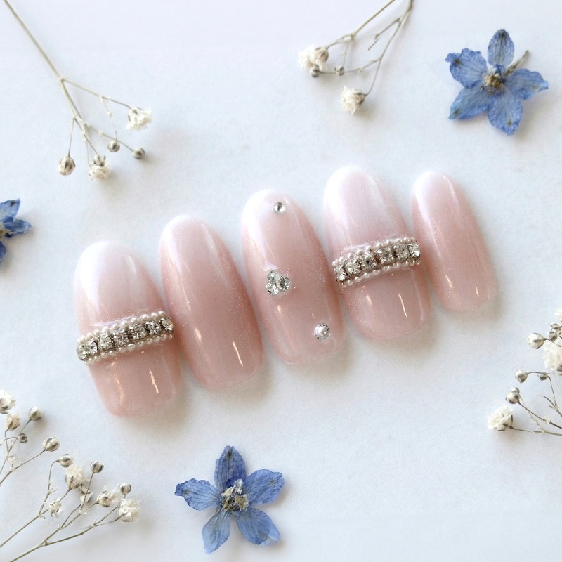 ネイルチップ【ピュアピンクのリングビジューネイル 10本セット 両面テープ＆専用収納ケース付き】ネイル チップ 付け爪 つけ爪 ジェル オーバル スクエア ロング ショート シンプル 可愛い ゆうパケット送料無料 受注生産【チップ】