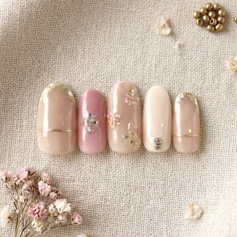 ネイルチップ【ピンクベージュの可憐な押し花フレンチネイル 10本セット 両面テープ＆専用収納ケース付き】ネイル チップ 付け爪 つけ爪 ジェル オーバル スクエア ロング ショート シンプル 可愛い ゆうパケット送料無料 受注生産【チップ】