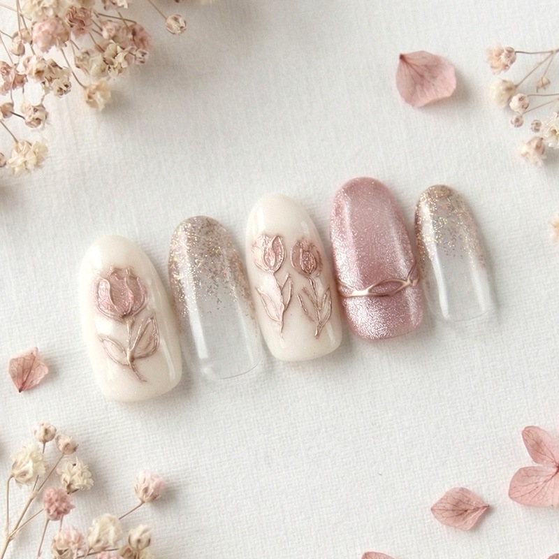 ネイルチップ【ローズゴールドのチューリップネイル 10本セット 両面テープ＆専用収納ケース付き】ネイル チップ 付け爪 つけ爪 ジェル オーバル スクエア ロング ショート シンプル 可愛い ゆうパケット送料無料 受注生産【チップ】