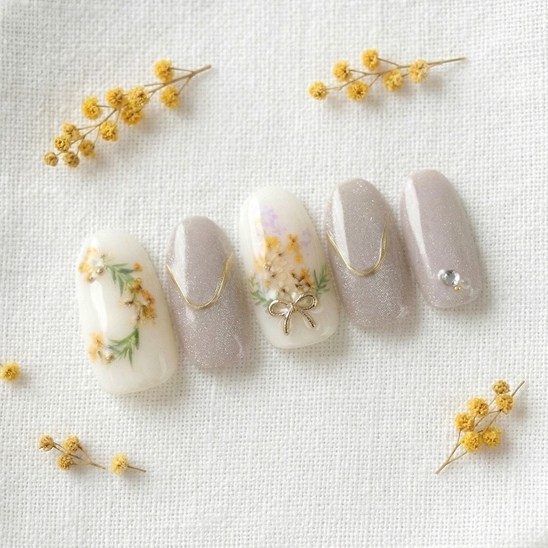 ネイルチップ【小花ブーケとリボンのアンティークガーリーネイル 10本セット 両面テープ＆専用収納ケース付き】ネイル チップ 付け爪 つけ爪 ジェル オーバル スクエア ロング ショート シンプル 可愛い ゆうパケット送料無料 受注生産【チップ】