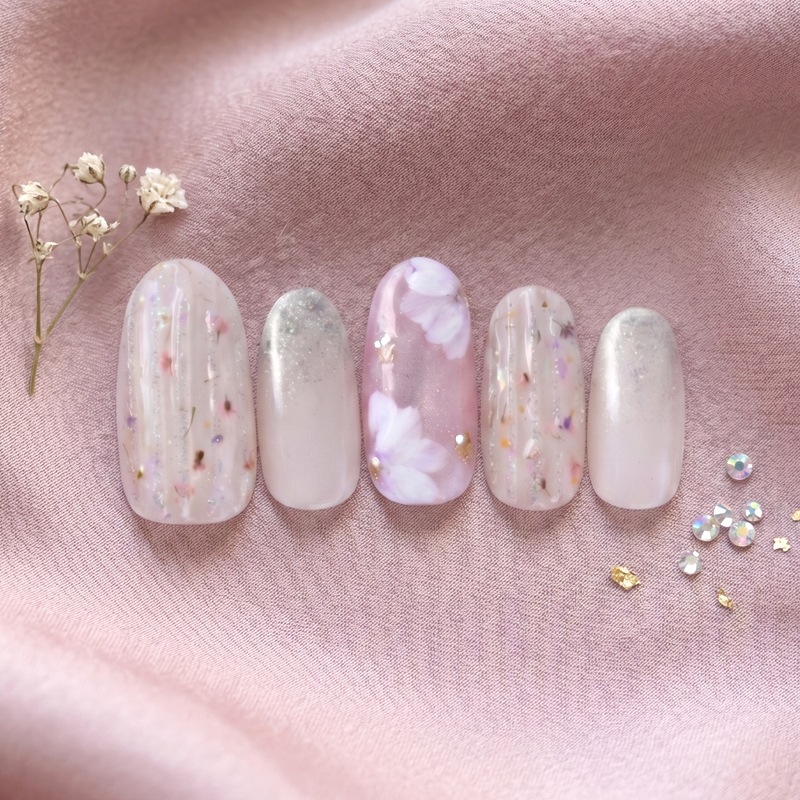 ネイルチップ【シアーピンク×花柄ネイル 10本セット 両面テープ&専用収納ケース付き】ネイル チップ 付け爪 つけ爪 ジェル オーバル スクエア ロング ショート シンプル 可愛い ゆうパケット送料無料 受注生産【チップ】