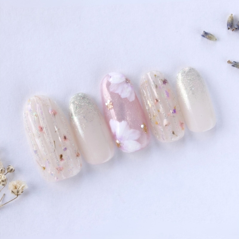 ネイルチップ【シアーピンク×花柄ネイル 10本セット 両面テープ&専用収納ケース付き】ネイル チップ 付け爪 つけ爪 ジェル オーバル スクエア ロング ショート シンプル 可愛い ゆうパケット送料無料 受注生産【チップ】