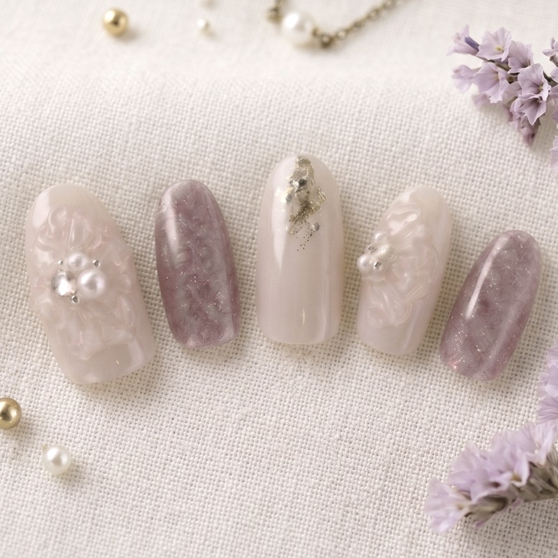 ネイルチップ【ぷっくりお花×くすみカラーネイル 10本セット 両面テープ＆専用収納ケース付き】ネイル チップ 付け爪 つけ爪 ジェル オーバル スクエア ロング ショート シンプル 可愛い ゆうパケット送料無料 受注生産【チップ】