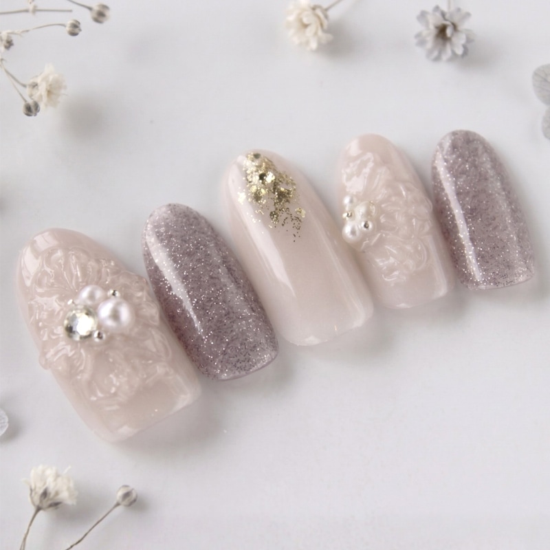 ネイルチップ【ぷっくりお花×くすみカラーネイル 10本セット 両面テープ＆専用収納ケース付き】ネイル チップ 付け爪 つけ爪 ジェル オーバル スクエア ロング ショート シンプル 可愛い ゆうパケット送料無料 受注生産【チップ】