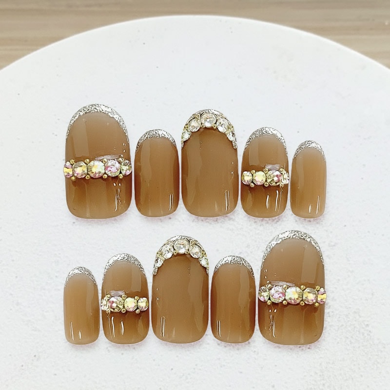 ネイルチップ【キラキラブラウンネイル 10本セット 両面テープ&専用収納ケース付き】ネイル チップ 付け爪 つけ爪 ジェル オーバル スクエア ロング ショート シンプル 可愛い ゆうパケット送料無料 受注生産【チップ】