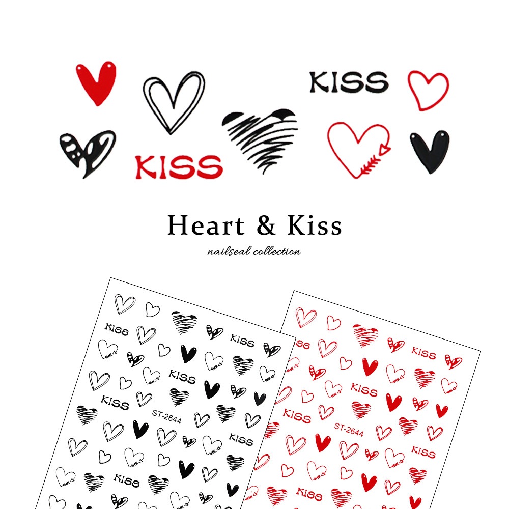 ネコポス送料無料】ネイルシール 手描き風ハート&キスシール [ブラック