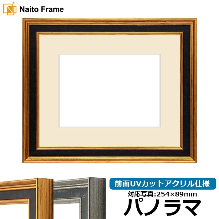 写真用額縁 DS6769/ゴールド パノラマ（254×89mm） 前面UVカットアクリル仕様 マット付き