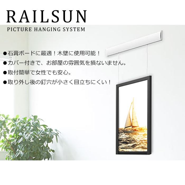 石膏ボード用レールサン（ピクチャーレール）Cセット 200cm/ホワイト（ワイヤーの変わりにテグス仕様） 透明ワイヤー自在付き NRS-200C [送料別商品] 福井金属工芸