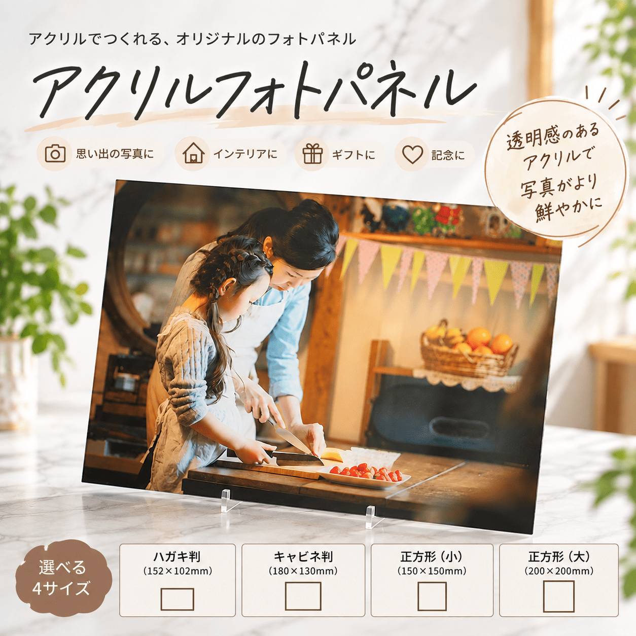【送料無料】アクリルフォトパネル（アクリルパネル） 選べる4サイズ ハガキ/キャビネ/150角/200角 アクリルスタンド付き