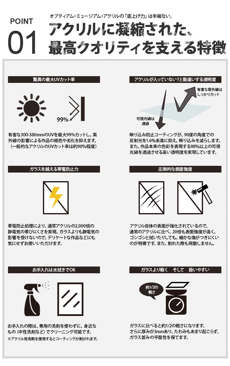 トゥルービュー オプティアム ミュージアム アクリル（3mm厚）[アクリル寸法タテヨコ合計1100mmまで] UVカット率99％/透明アクリル/低反射アクリル/最高級アクリル