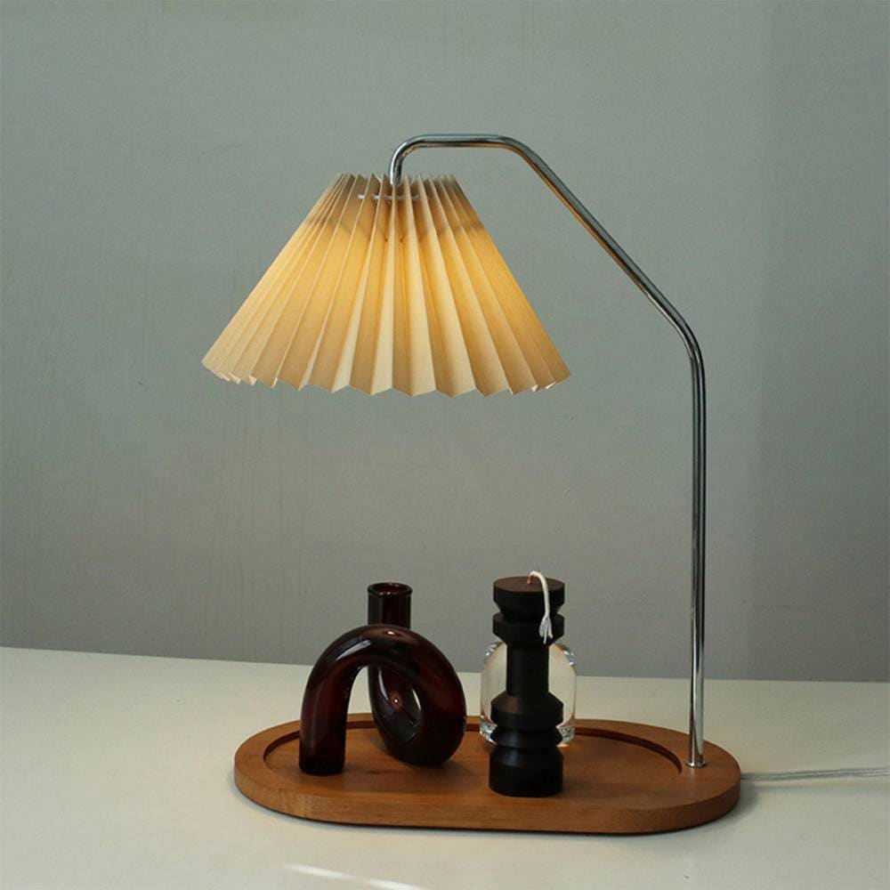 VeroMan テーブルライト 物置き 木目 プリーツシェード テーブルスタンド 卓上ランプ ベッドサイドランプ ライト 照明 傘状 布シェード 韓国インテリア レトロ