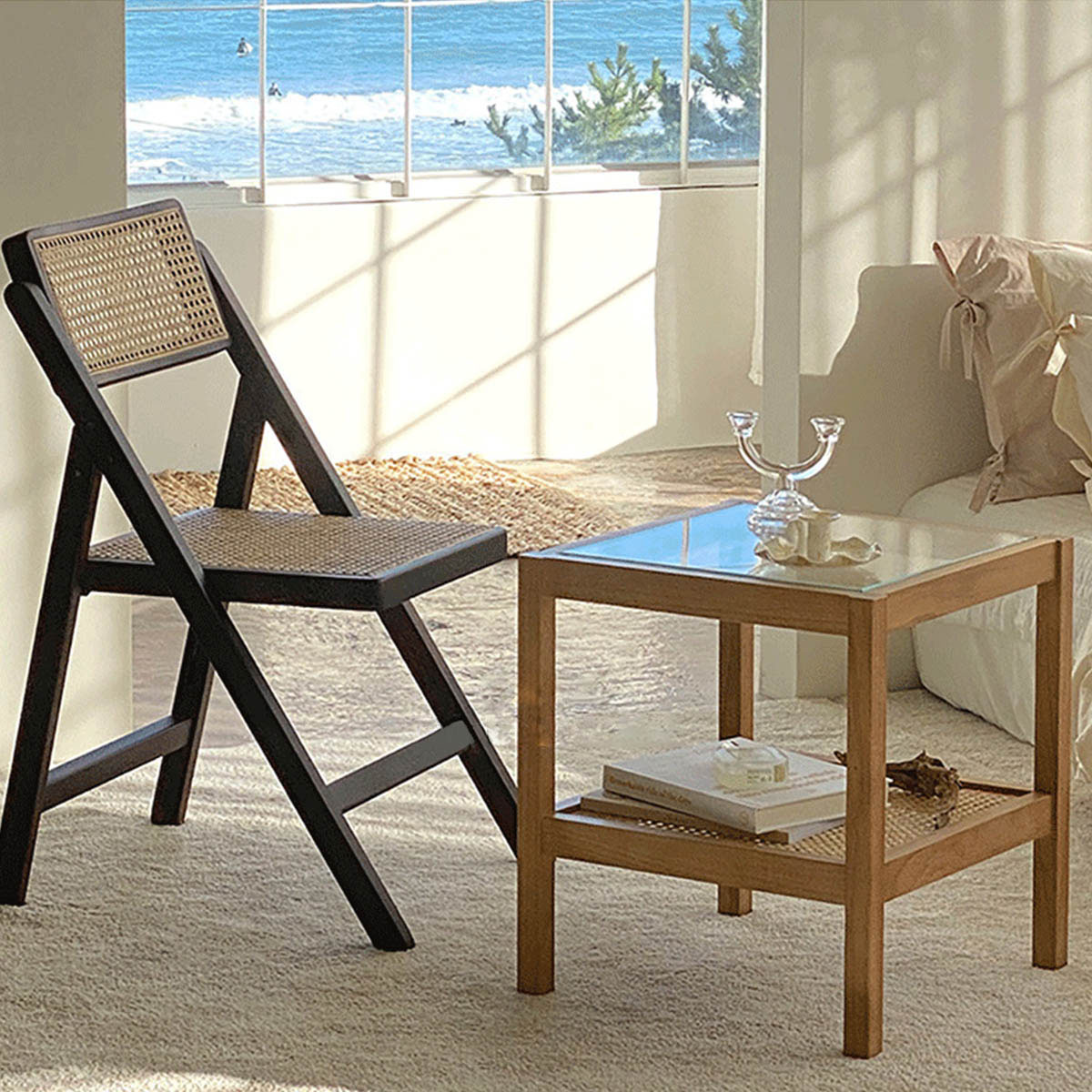 VeroMan サイドテーブル ラタン コヒーテーブル 籐 編み ガラス ベッド