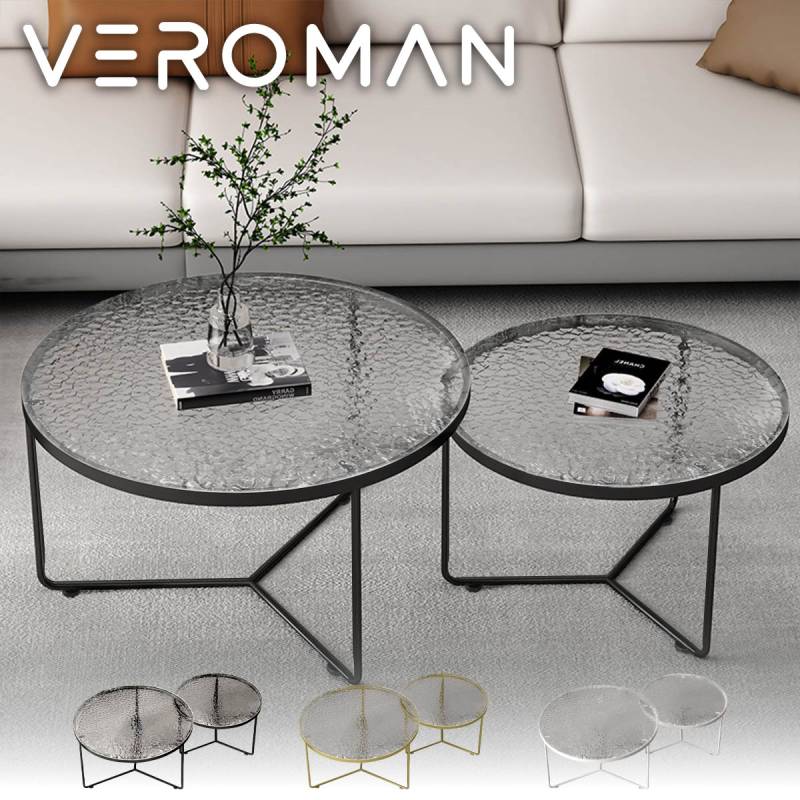60cm & 45cm] VeroMan ネストテーブル 2セット ガラス 円形 リビング