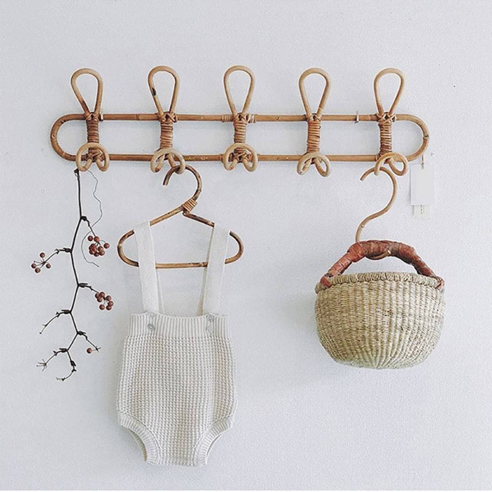 VeroMan 壁掛けフック 5連 ラタン ノブ10個 フック ウォールフック コートフック コートラック 洋服ラック 天然籐 韓国インテリア