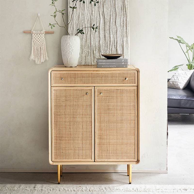 VeroMan ラタン編み 棚 無垢材×籐のナチュラル収納ラック 扉付き ラタンキャビネット サイドボード 収納棚 シンプル モダン 韓国インテリア [38×80×105cm]