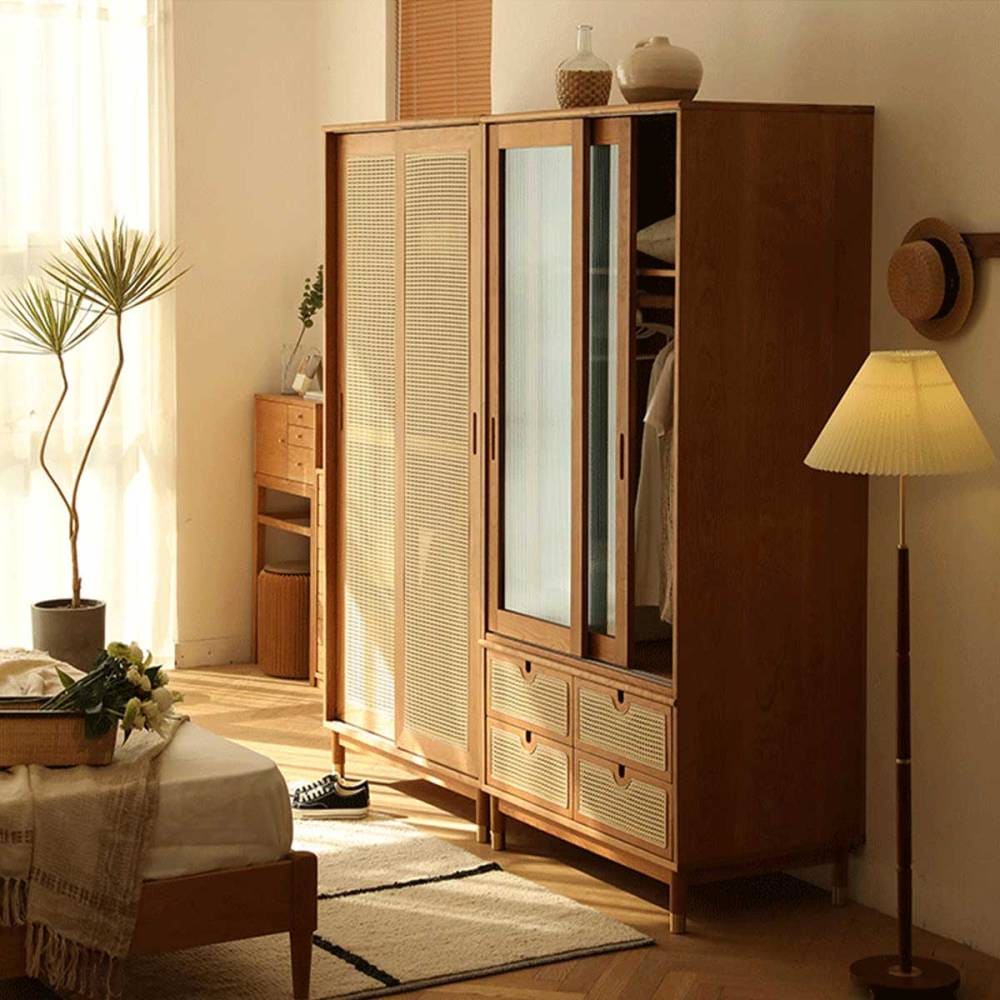 VeroMan ラタン編みクローゼット クローゼット ラック コートラック ディスプレイラック コーナーラック 安定設定 天然籐 韓国インテリア