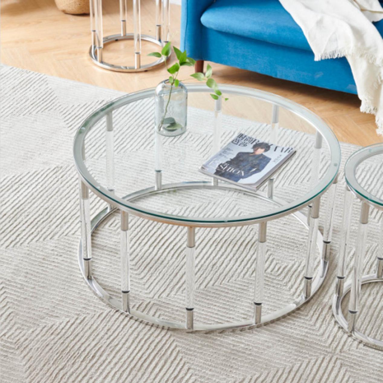 シルバー 大] VeroMan ローテーブル テーブル ラウンド 円卓 ガラス