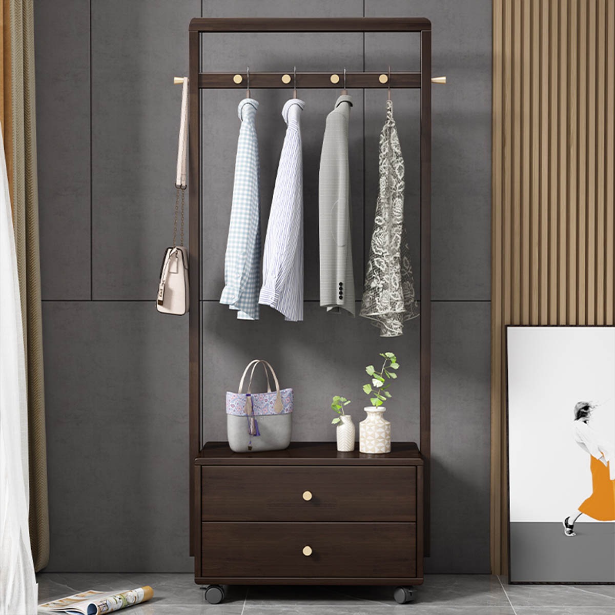 [ブラウン]VeroMan収納ラックコートラック洋服ラック収納洋服物干し竿収納収納棚シンプルモダンレトロ韓国インテリア