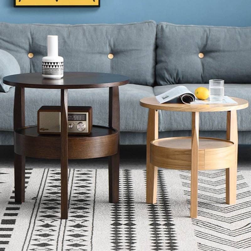 小] VeroMan サイドテーブル 引き出し付き 木製 円形 2段 丸い ティー