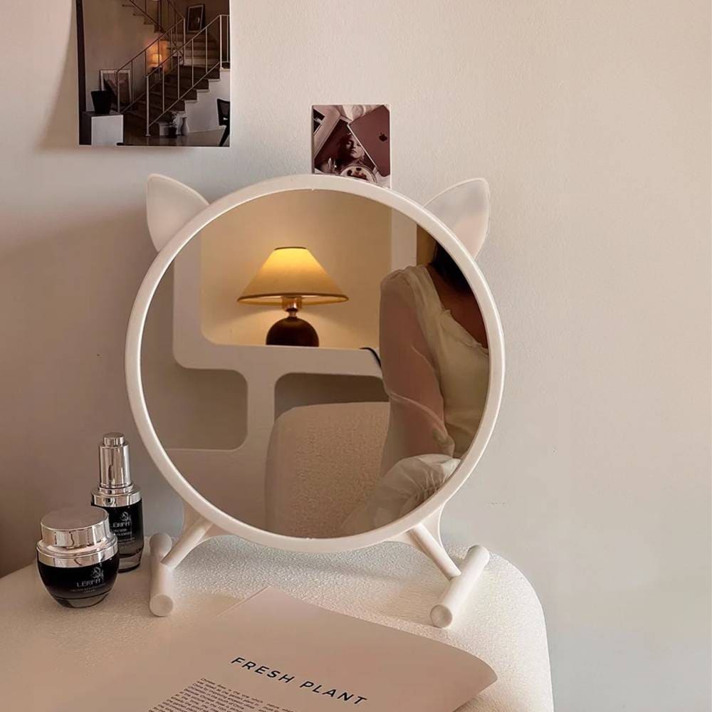 [3色ライト付き] VeroMan 鏡 猫耳 LEDライト ミラー 女優ミラー 化粧鏡 メイクミラー 卓上ミラー 可愛い 韓国インテリア 韓国家具 [直径40cm]